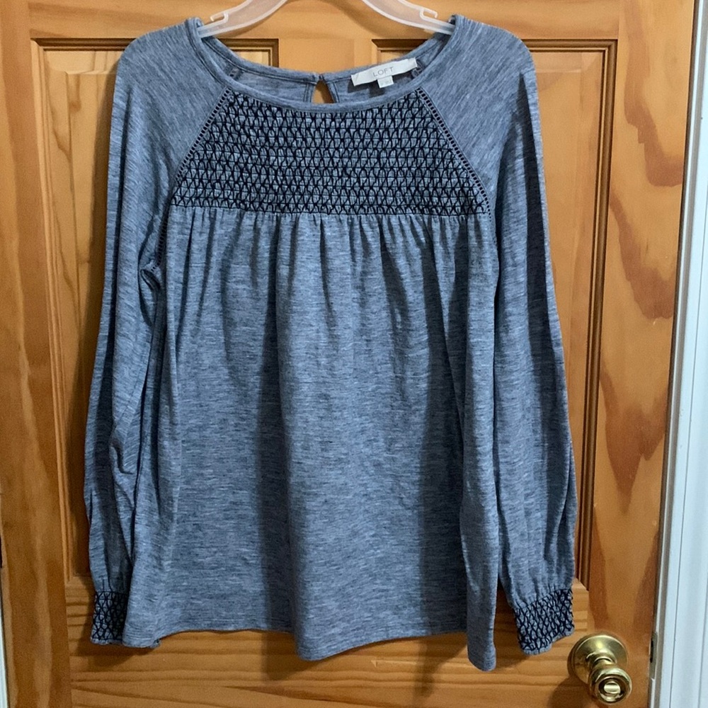 LOFT Gray top with black stitching. Medium. Great condition!